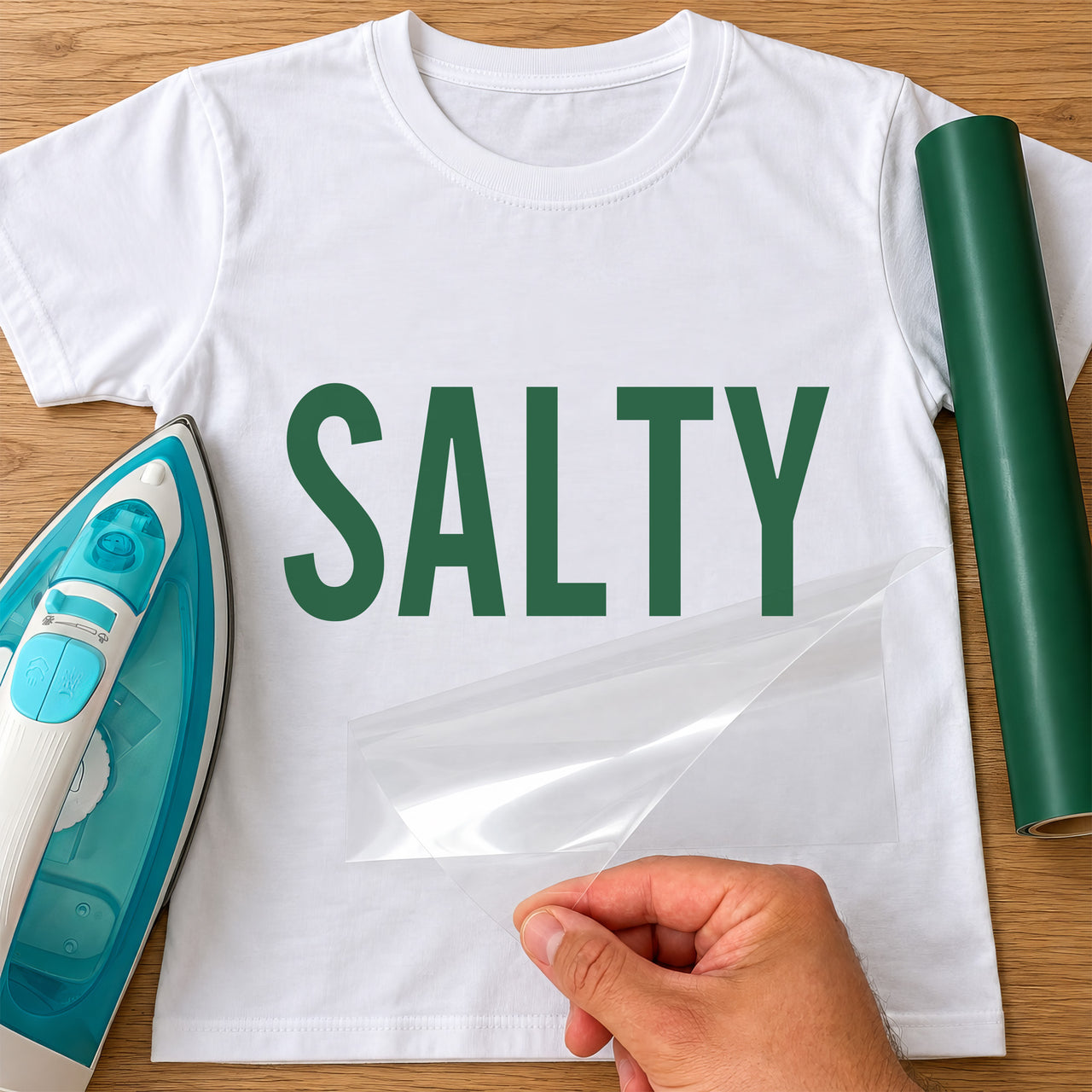 White T-shirt with green 'SALTY' lettering, carrier film being peeled off - iron-on vinyl transfer