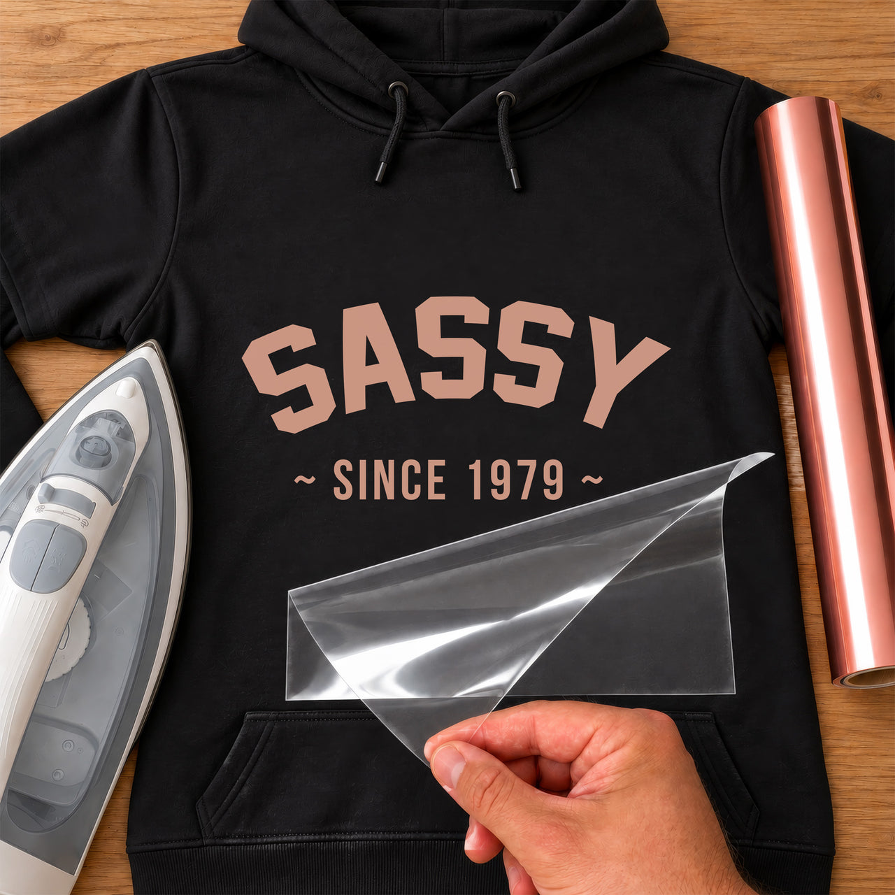 Black hoodie with rose gold 'SASSY' and '~ SINCE 1979 ~', birthday iron-on transfer, carrier film being peeled off