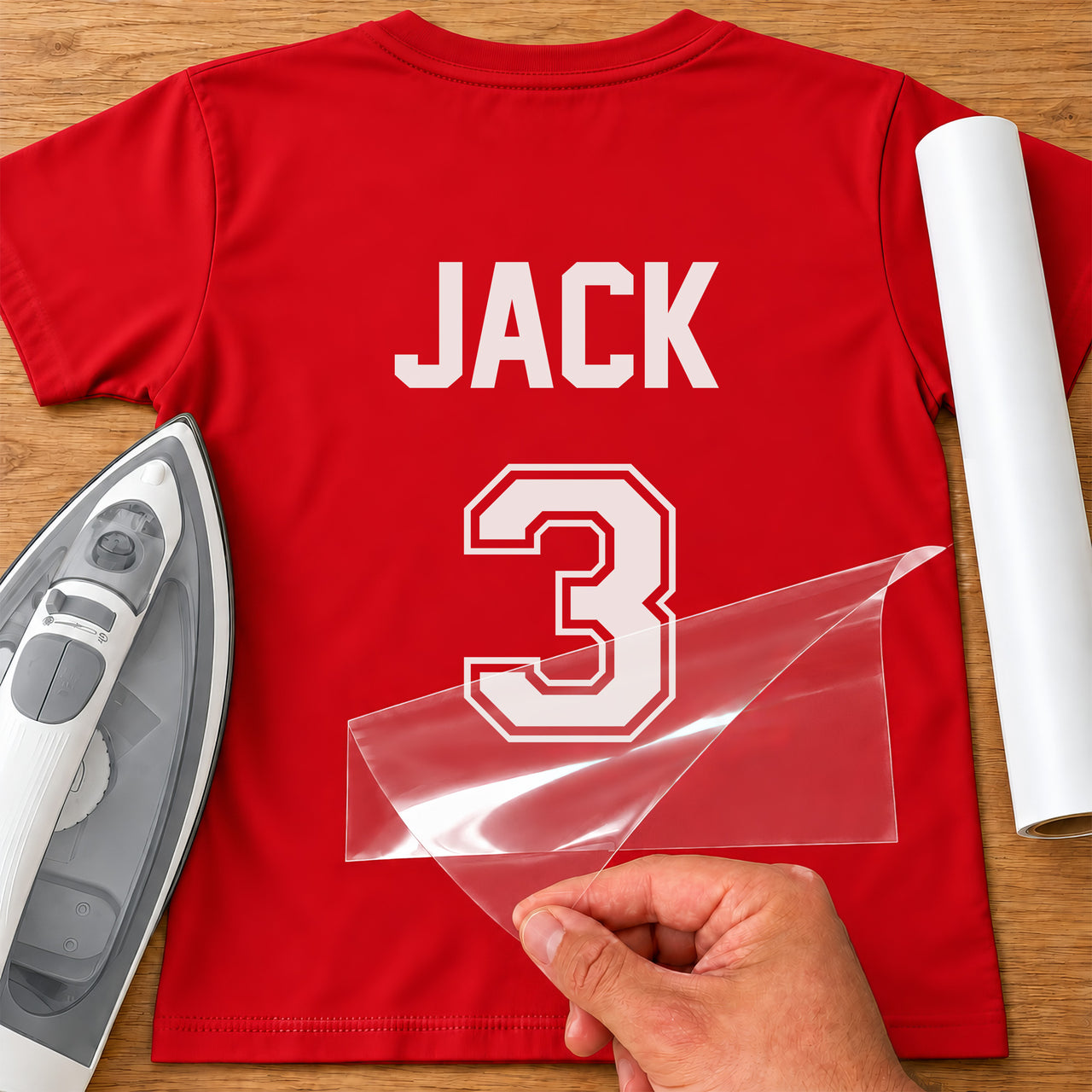 School PE Kit Name Number iron-on transfer: white JACK 3 with outline number on a red T-shirt, film being peeled