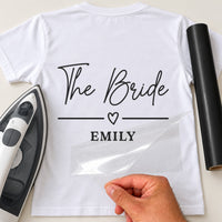 Bride Squad iron-on transfer on a t-shirt