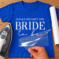 Bride To Be and Hen Vibes iron-on transfer on a t-shirt