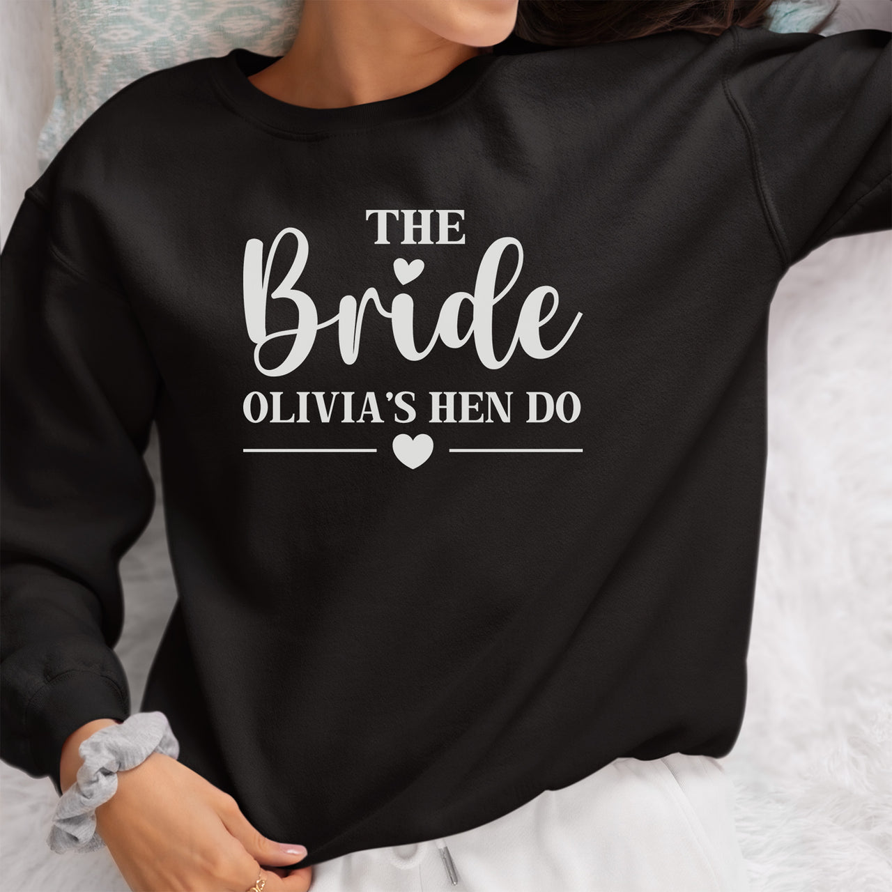 The Bride and Team Bride iron-on transfer shown on a hoodie