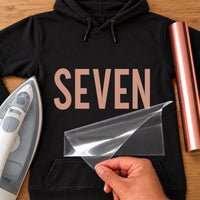 Black hoodie with rose gold 'SEVEN' tall condensed capitals iron-on transfer, iron and rose gold vinyl roll
