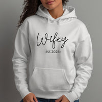 Wifey Est. iron-on transfer shown on a hoodie
