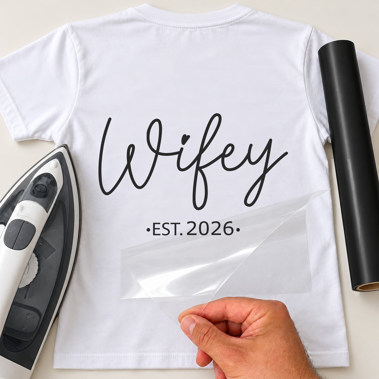 Wifey Est. iron-on transfer on a t-shirt