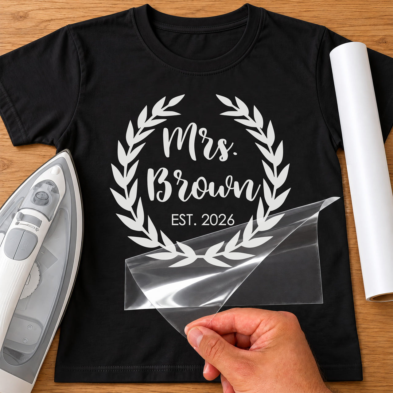 Mrs Wreath iron-on transfer on a t-shirt