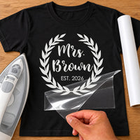 Mrs Wreath iron-on transfer on a t-shirt