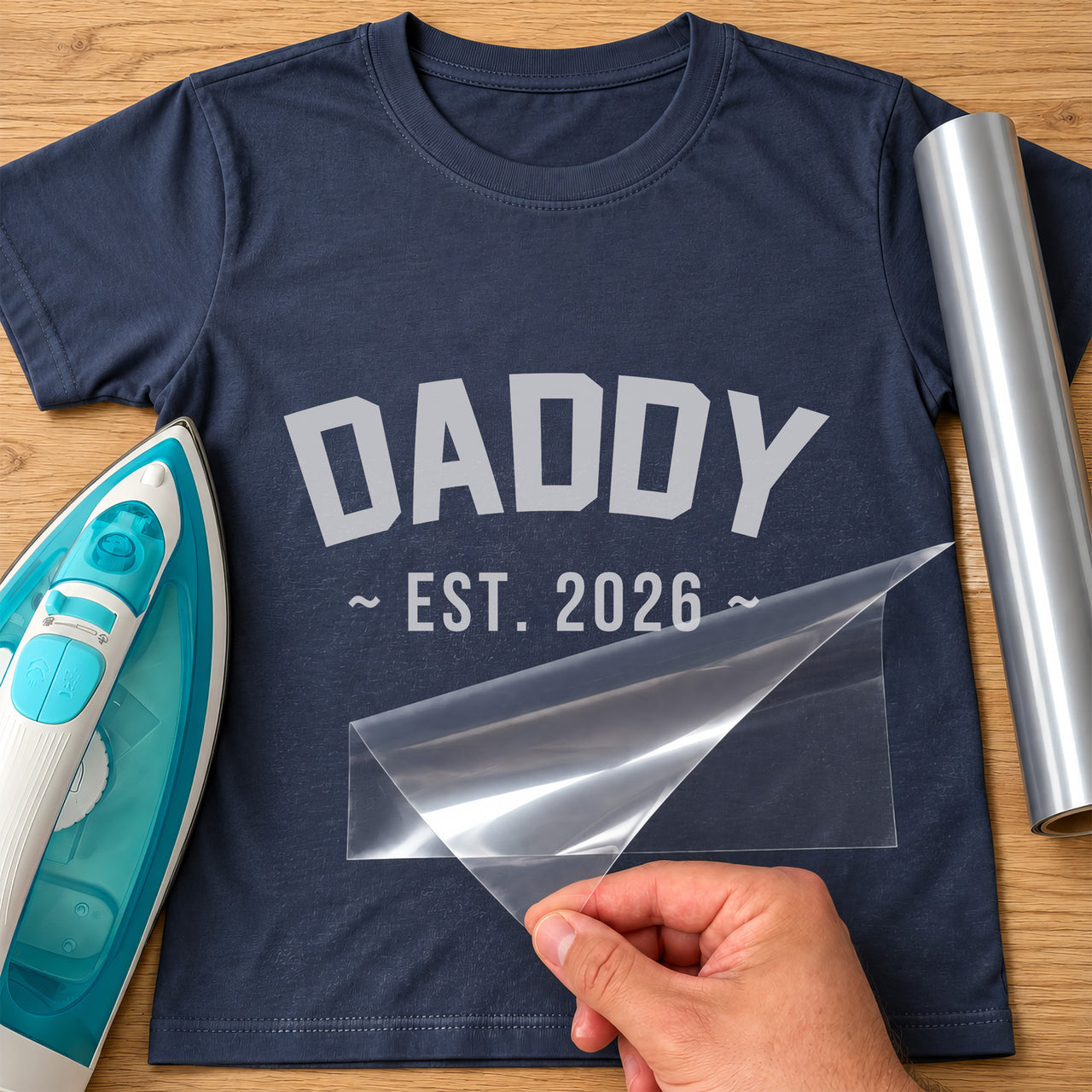Daddy Est. iron-on transfer on a t-shirt