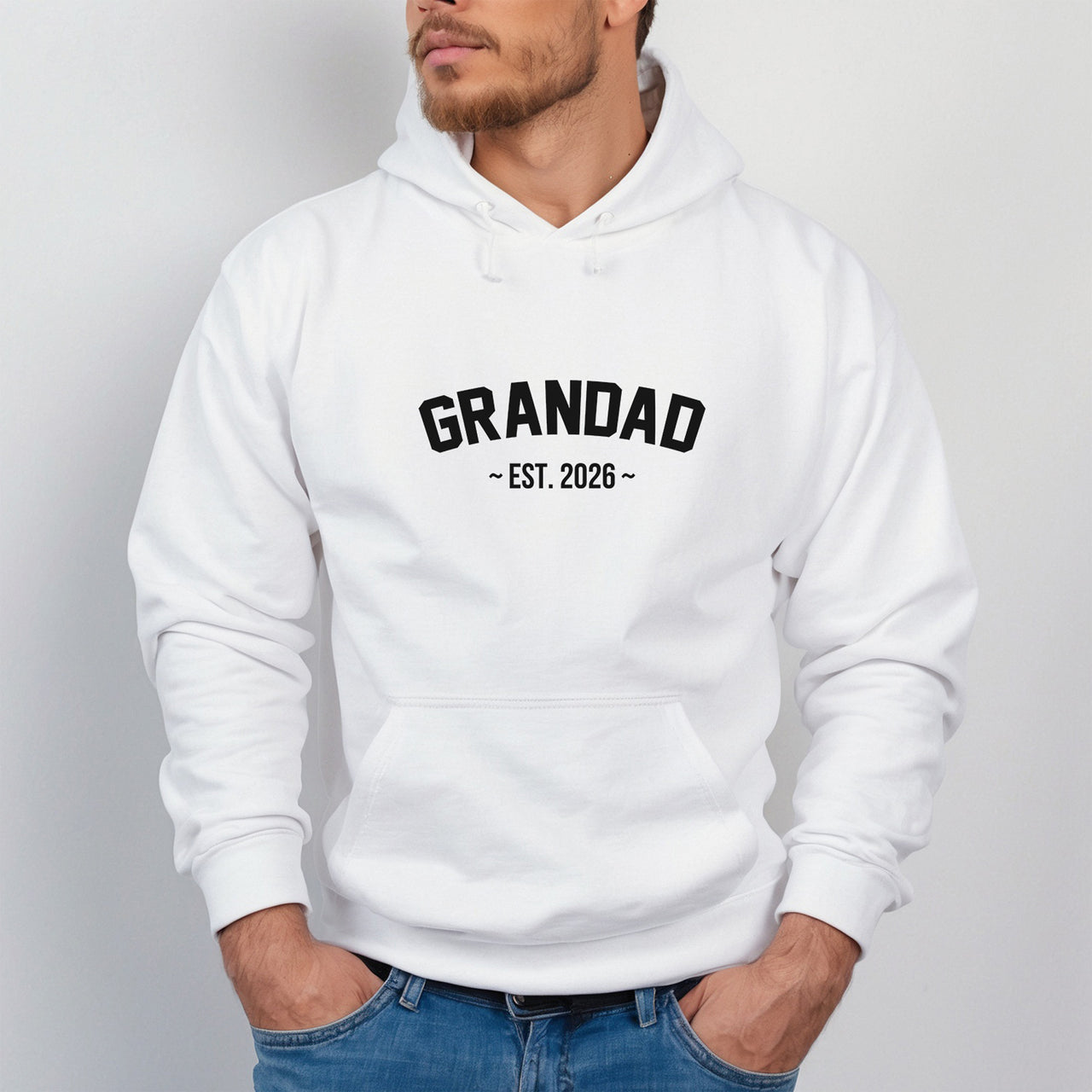 Grandad Est. iron-on transfer shown on a hoodie