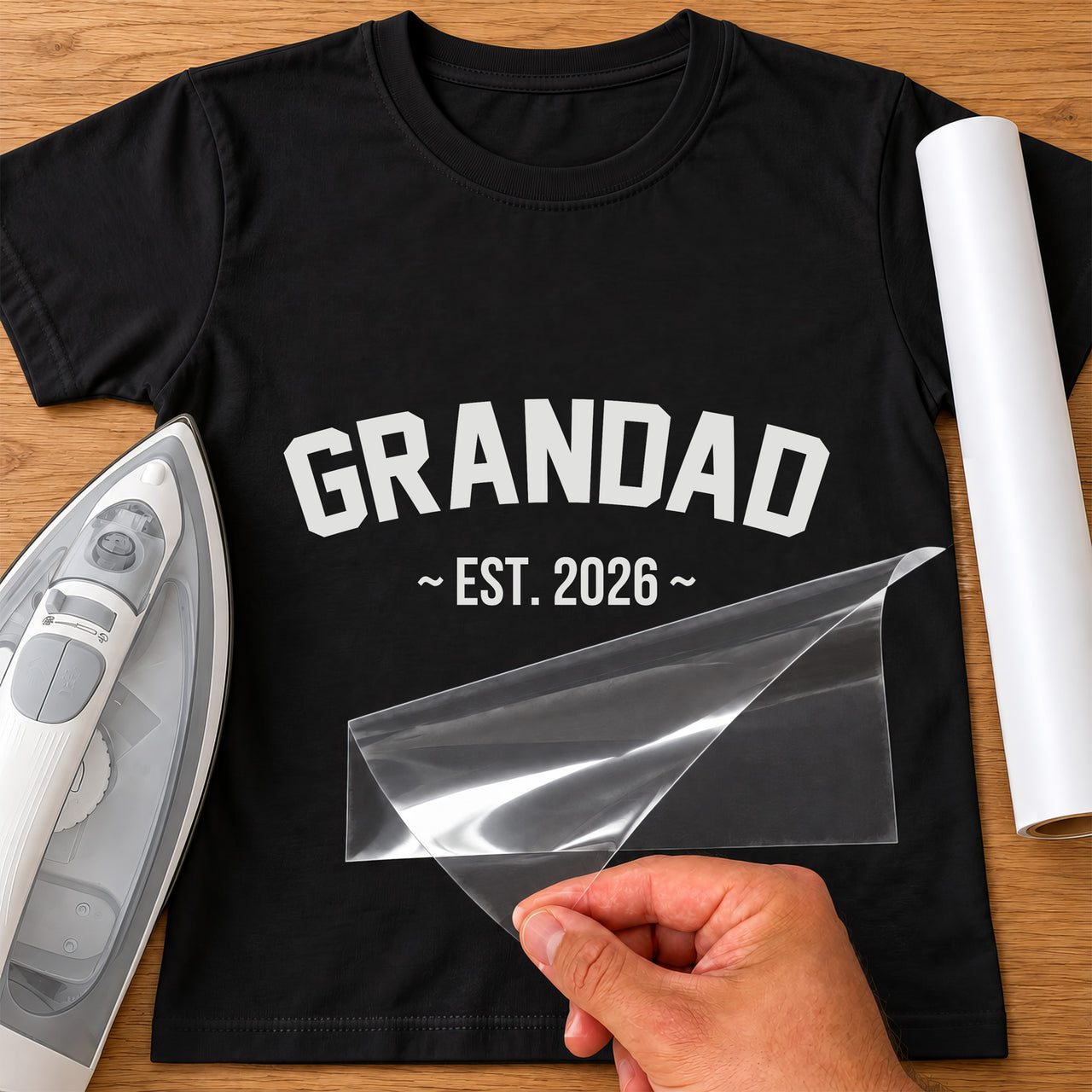 Grandad Est. iron-on transfer on a t-shirt