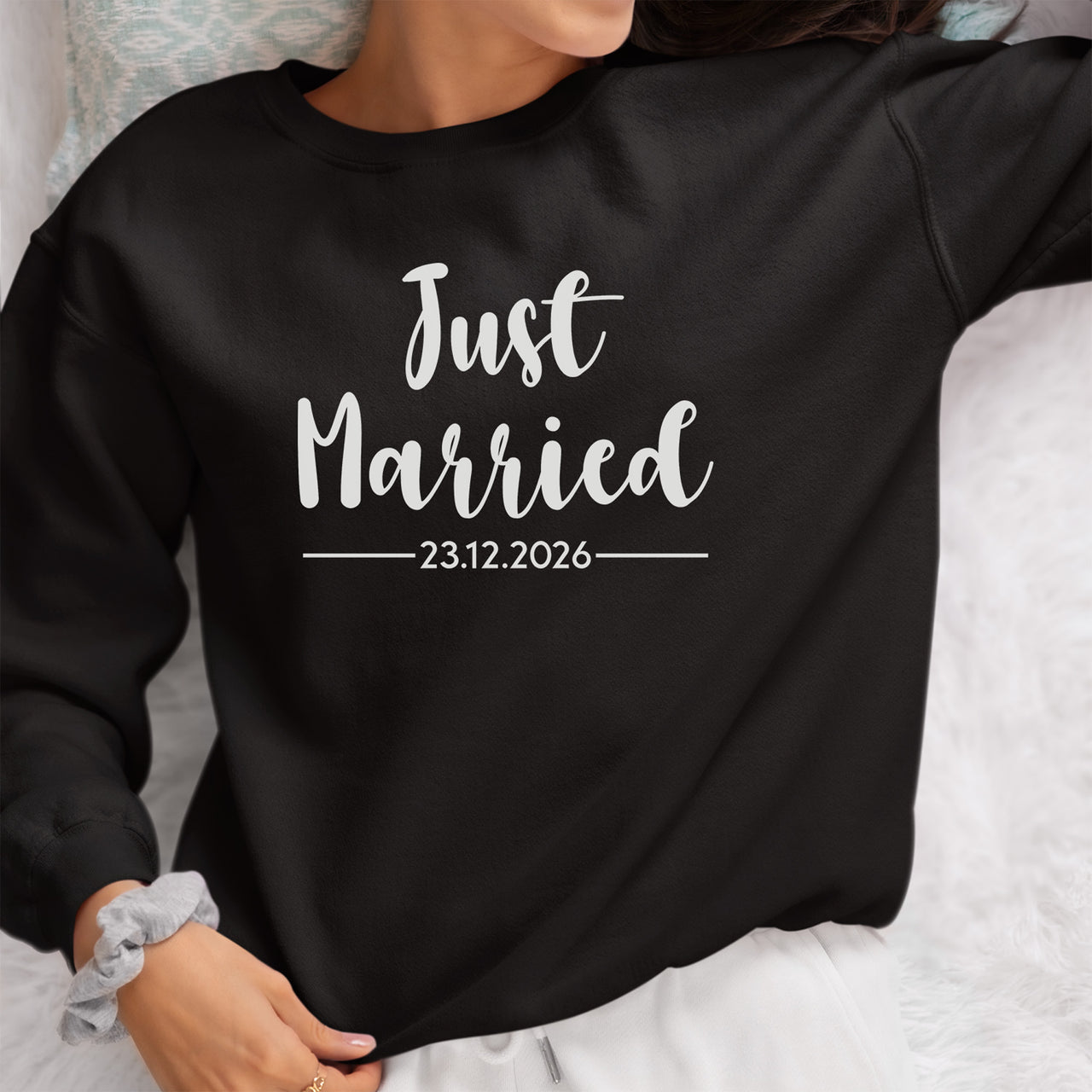 Just Married Date iron-on transfer shown on a hoodie