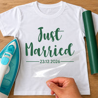 Just Married Date iron-on transfer on a t-shirt