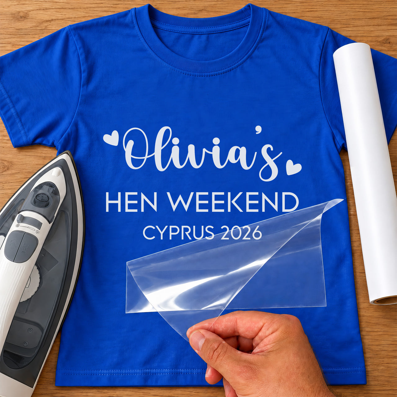 Hen Weekend iron-on transfer on a t-shirt
