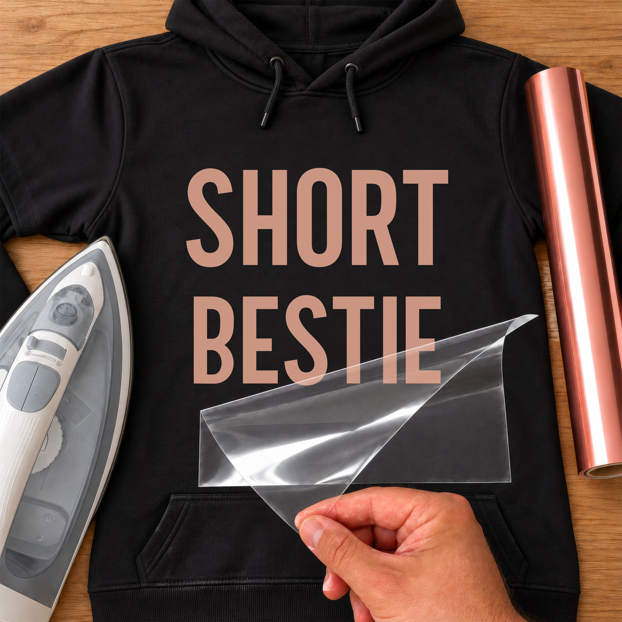 Black hoodie with rose gold 'SHORT BESTIE' iron-on vinyl transfer, carrier sheet being peeled off, iron and vinyl roll