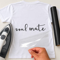 White T-shirt with black script 'soul mate', couples iron-on vinyl transfer