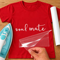 Red T-shirt with white script 'soul mate' lettering, carrier film being peeled - iron-on vinyl transfer