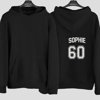 Sports Style Jersey Name & Number Transfer - Personalised Birthday Print shown on a hoodie