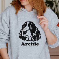 Springer Spaniel Iron-On Transfer - Personalised Pet Name Design shown on a hoodie