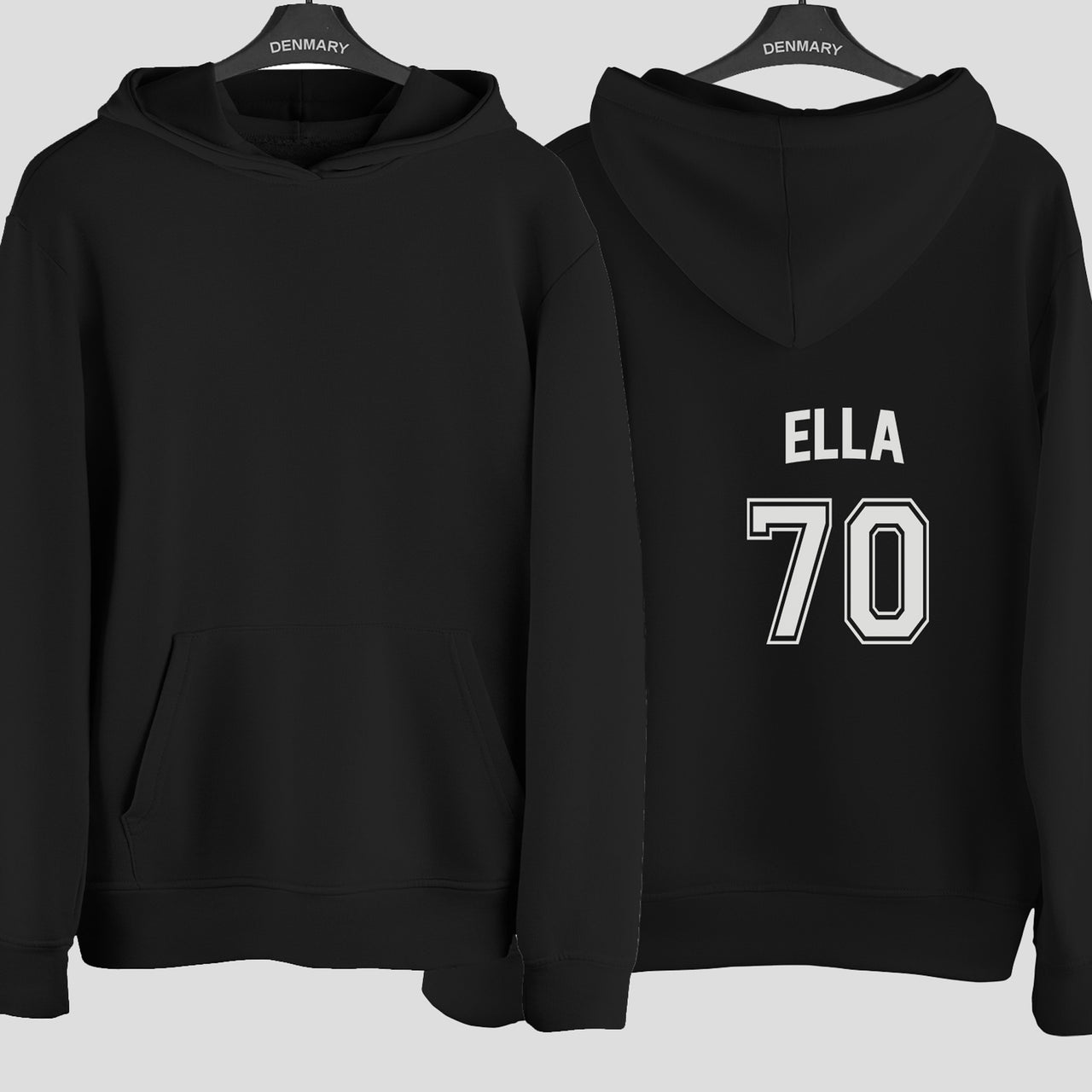 Squad Style Name & Number Iron-On Transfer - Personalised Birthday Jersey Print shown on a hoodie