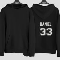 Stag Do Football Shirt Name Number Iron-On Transfer shown on a hoodie