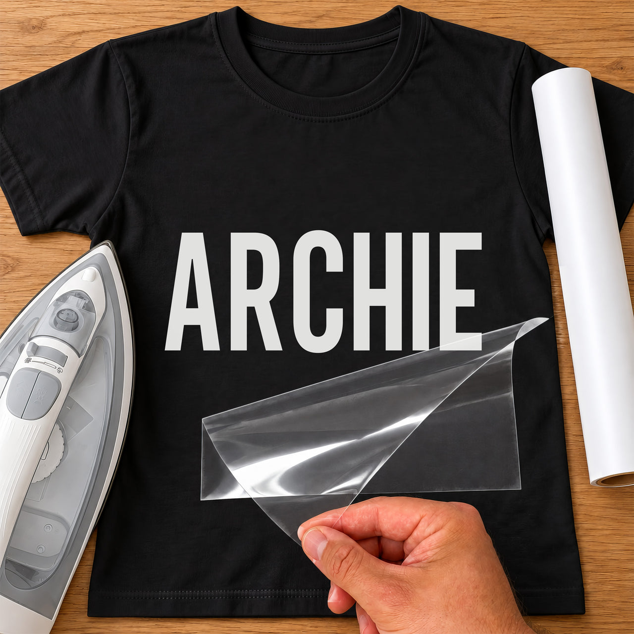 Stag Do Name iron-on transfer: white ARCHIE on a black T-shirt, film being peeled