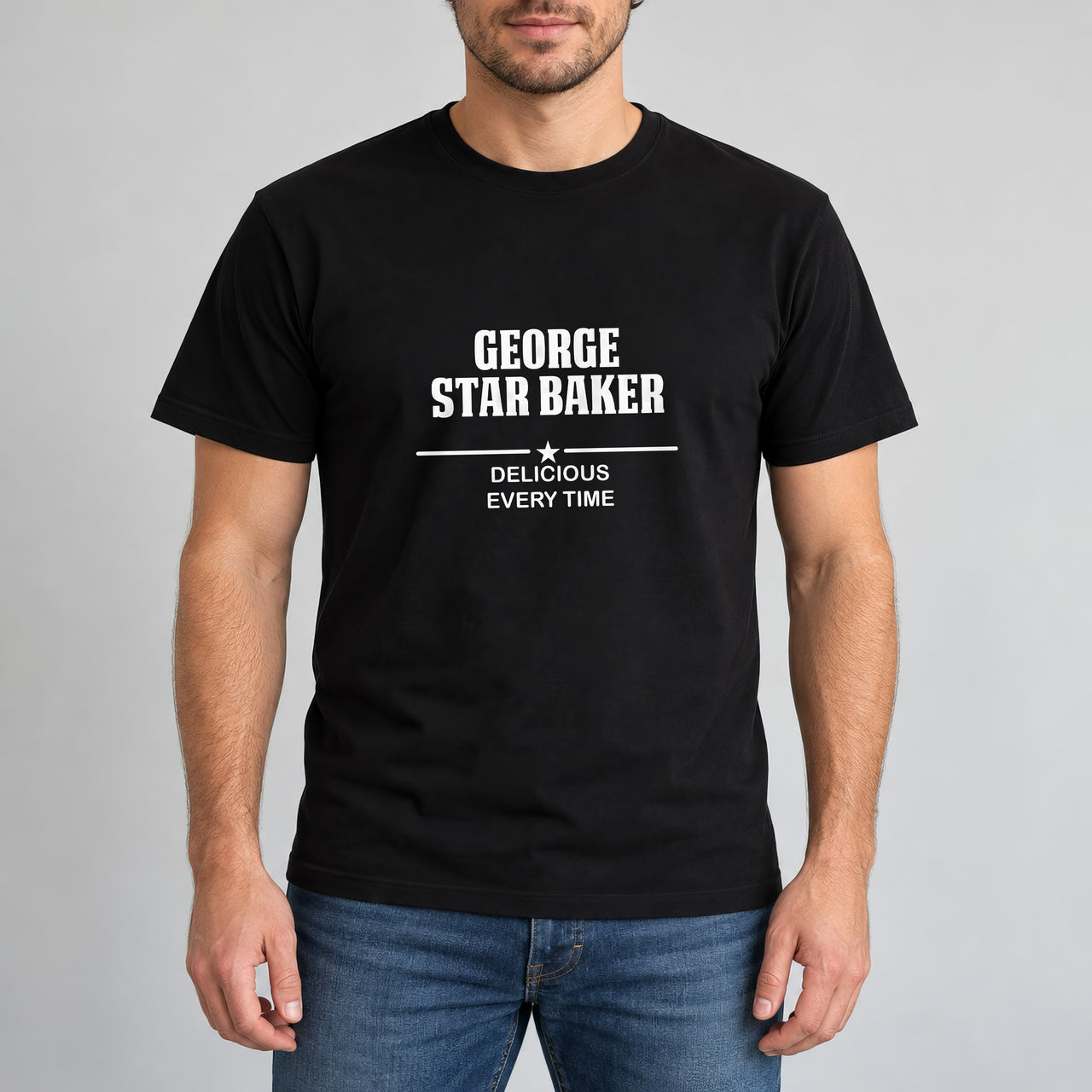 Star Baker Iron-On Transfer - Personalised Name Baking Design, shown on a black t-shirt