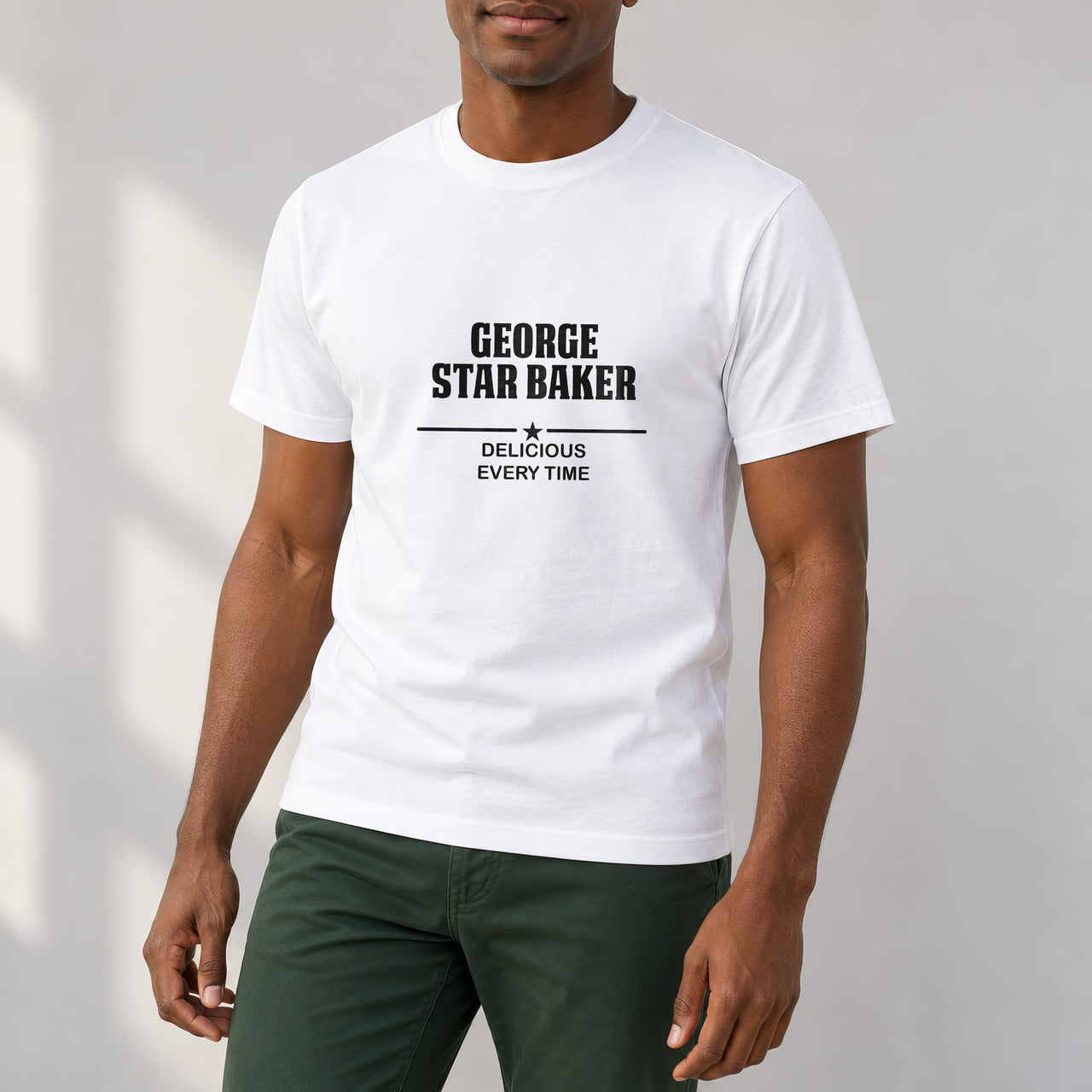 Star Baker Iron-On Transfer - Personalised Name Baking Design, shown on a white t-shirt