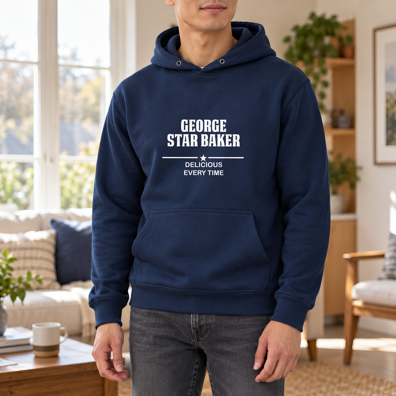 Star Baker Iron-On Transfer - Personalised Name Baking Design, shown on a navy hoodie