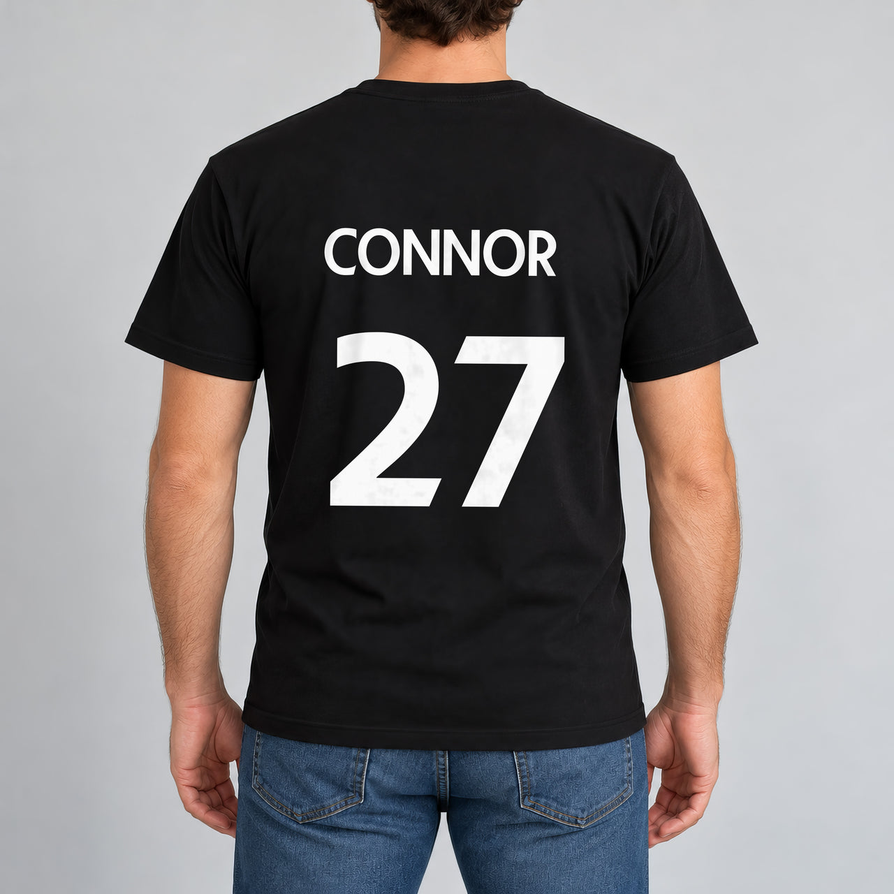 Black T-shirt with the Sunday League Name and Number design printed on the back