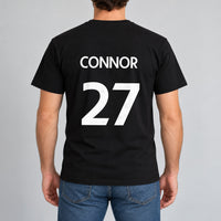 Black T-shirt with the Sunday League Name and Number design printed on the back