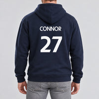 Navy hoodie with the Sunday League Name and Number design printed on the back