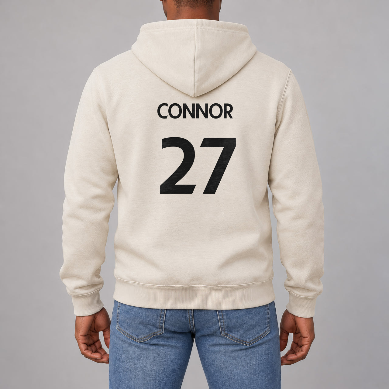 Sand hoodie with the Sunday League Name and Number design printed on the back