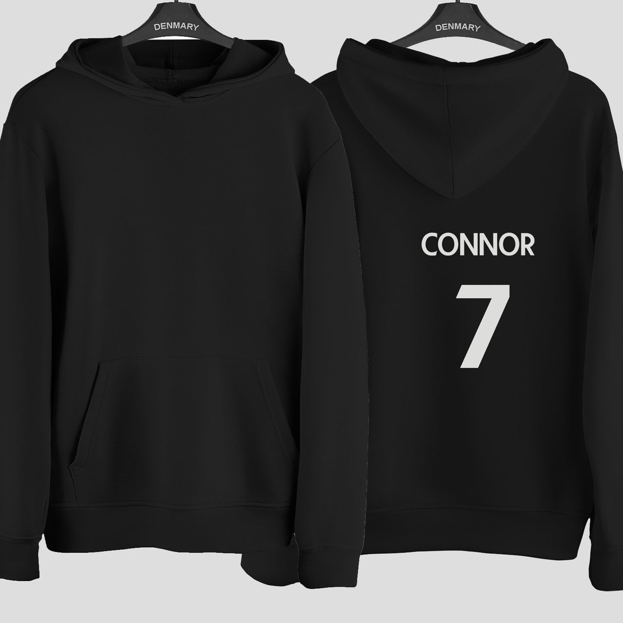Sunday League Shirt Name Number Iron-On Transfer shown on a hoodie