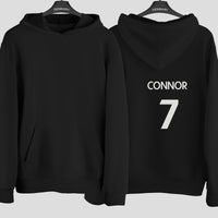 Sunday League Shirt Name Number Iron-On Transfer shown on a hoodie