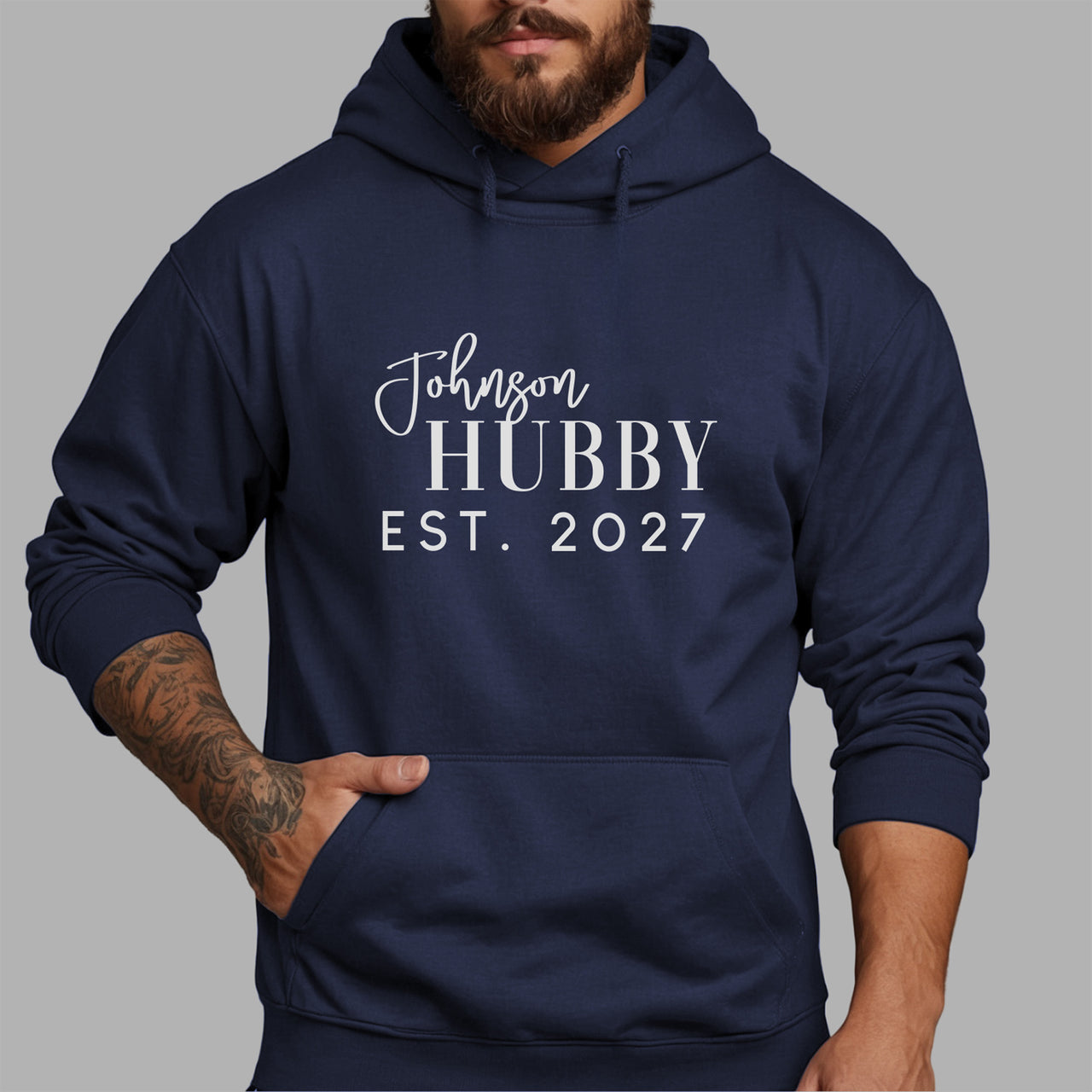 Surname Hubby Iron-On Transfer - Personalised Wedding Design shown on a hoodie