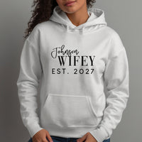 Surname Wifey Iron-On Transfer - Personalised Wedding Design shown on a hoodie