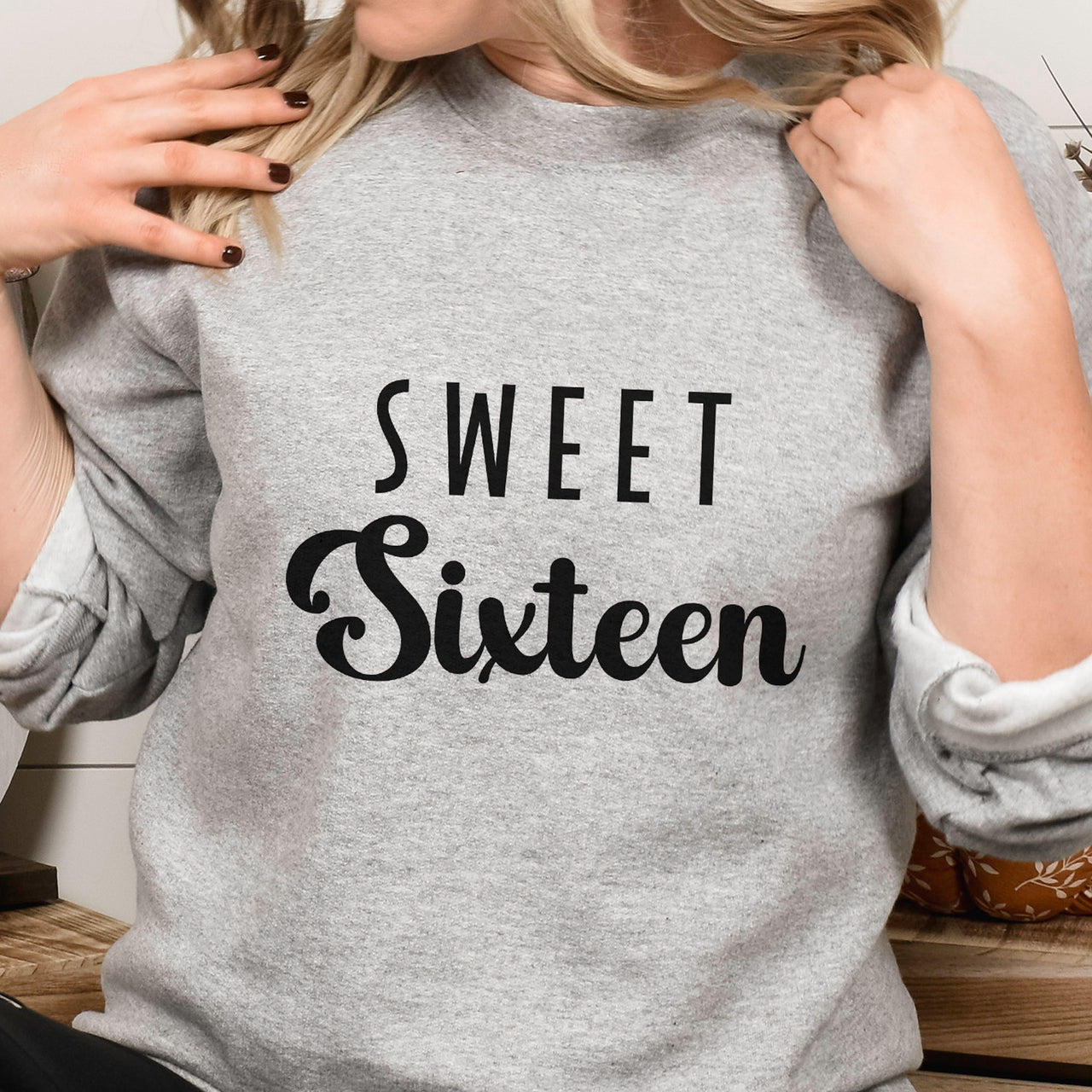 Sweet Sixteen Iron-On Transfer shown on a sweatshirt