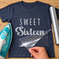 Navy T-shirt with silver 'SWEET' capitals and 'Sixteen' script iron-on transfer, iron and silver vinyl roll