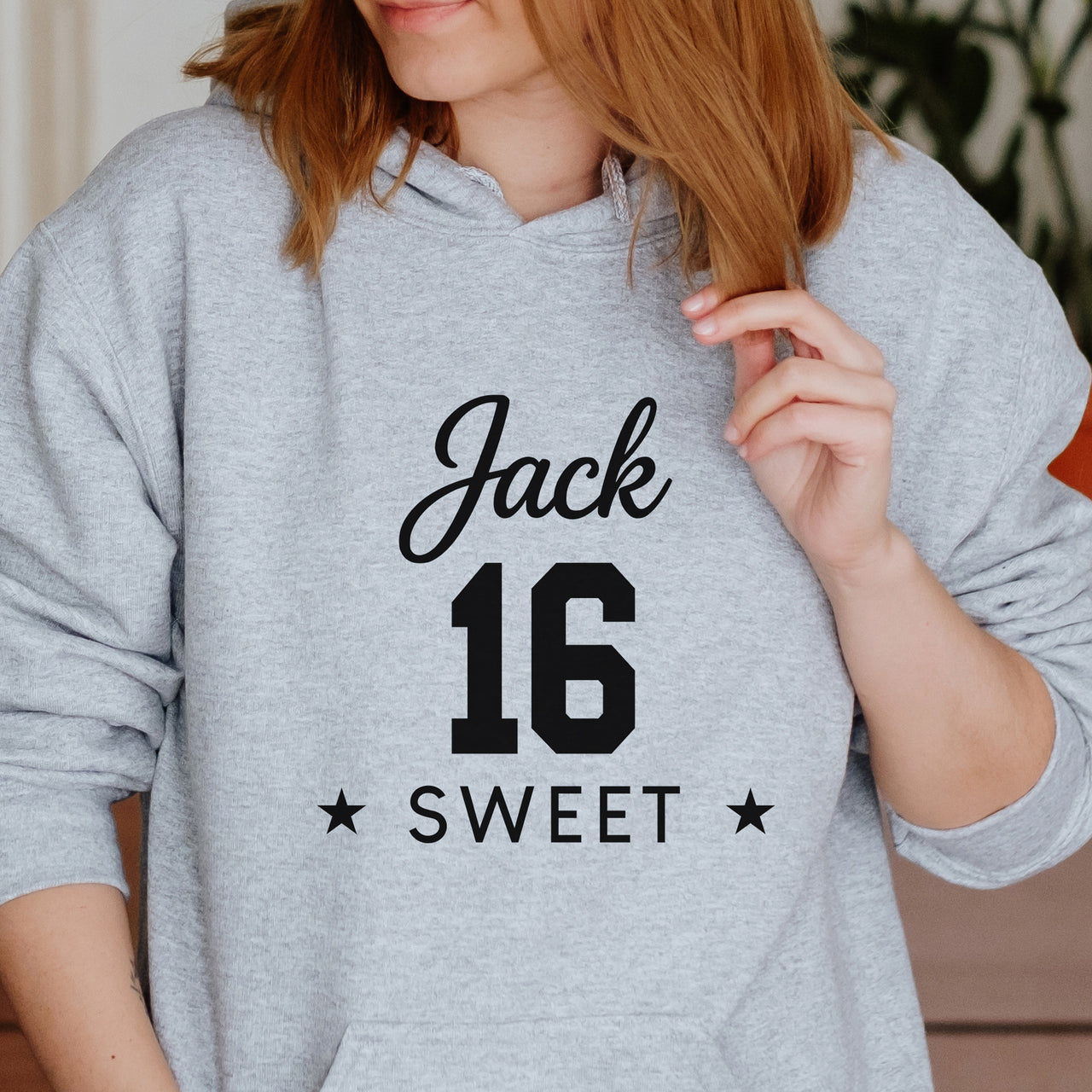 Sweet Sixteen Name & Age Iron-On Transfer shown on a hoodie