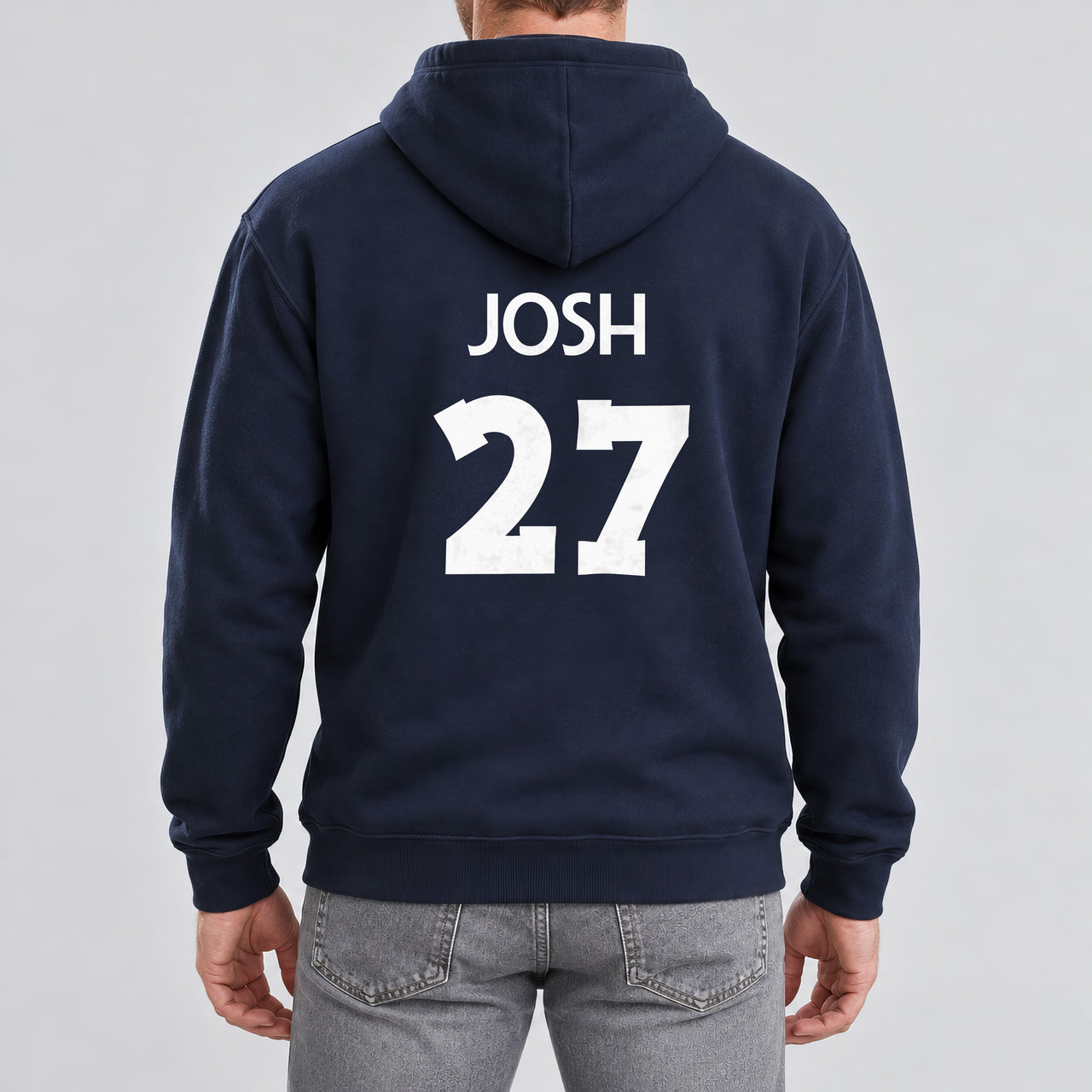 Navy hoodie with the Table Tennis Name and Number design printed on the back