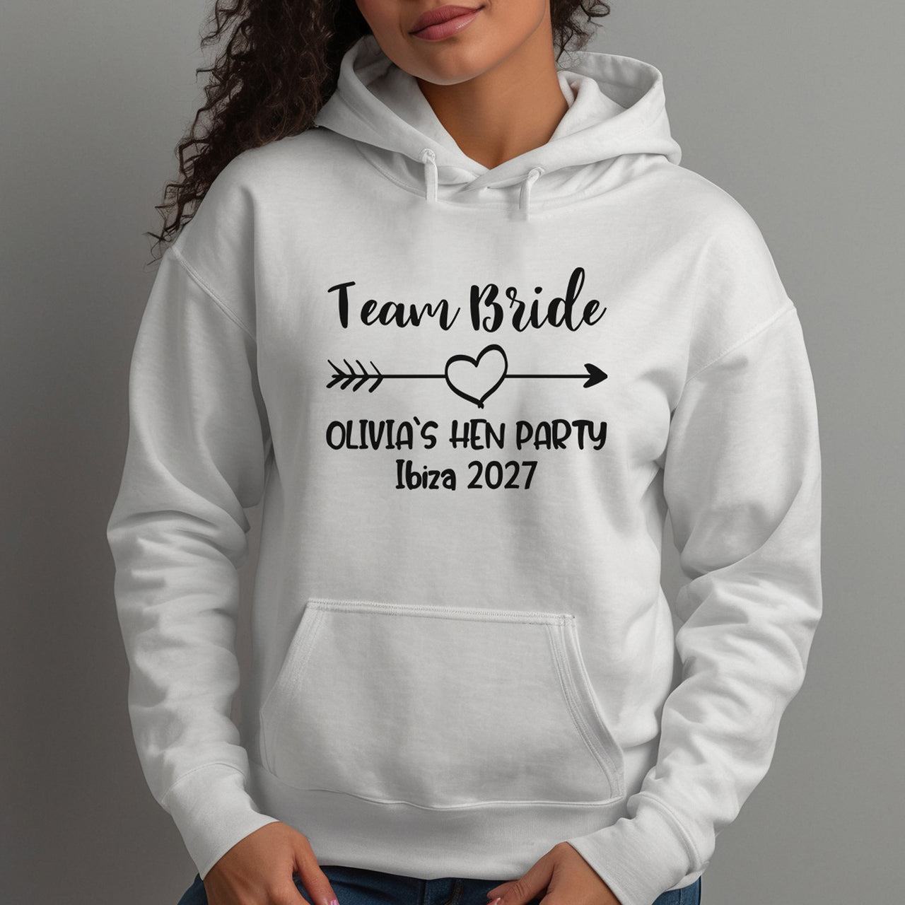 Team Bride Hen Do Iron-On Transfer shown on a hoodie