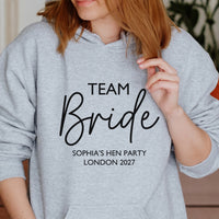 Team Bride Hen Party Iron-On Transfer shown on a hoodie