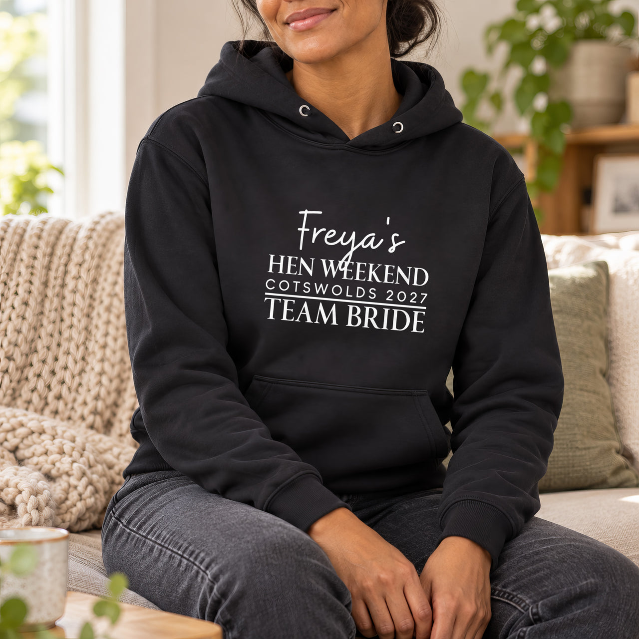 Team Bride Hen Weekend Iron-On Transfer, shown on a black hoodie