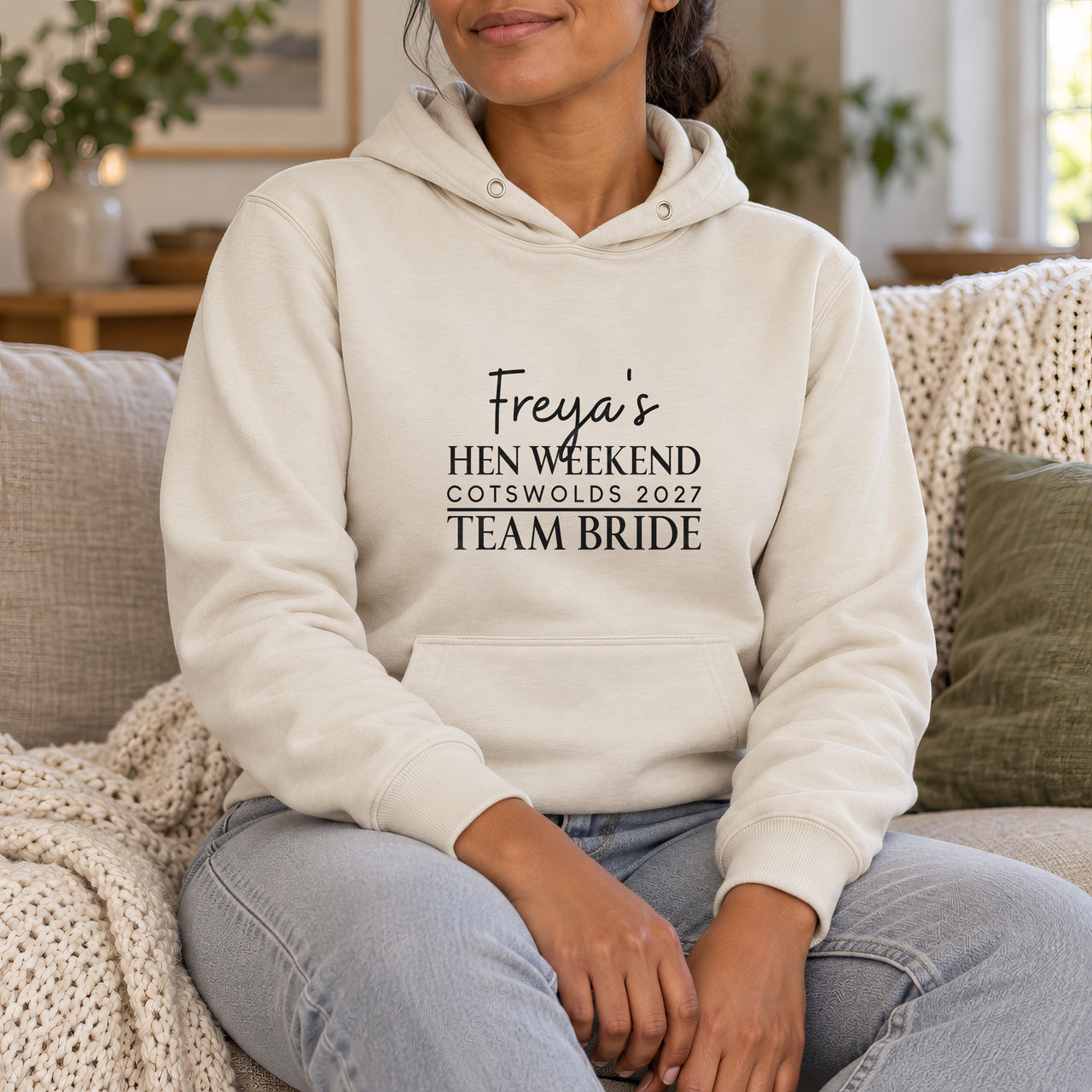 Team Bride Hen Weekend Iron-On Transfer, shown on a natural hoodie