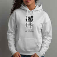 Team Bride Script Hen Party Iron-On Transfer shown on a hoodie