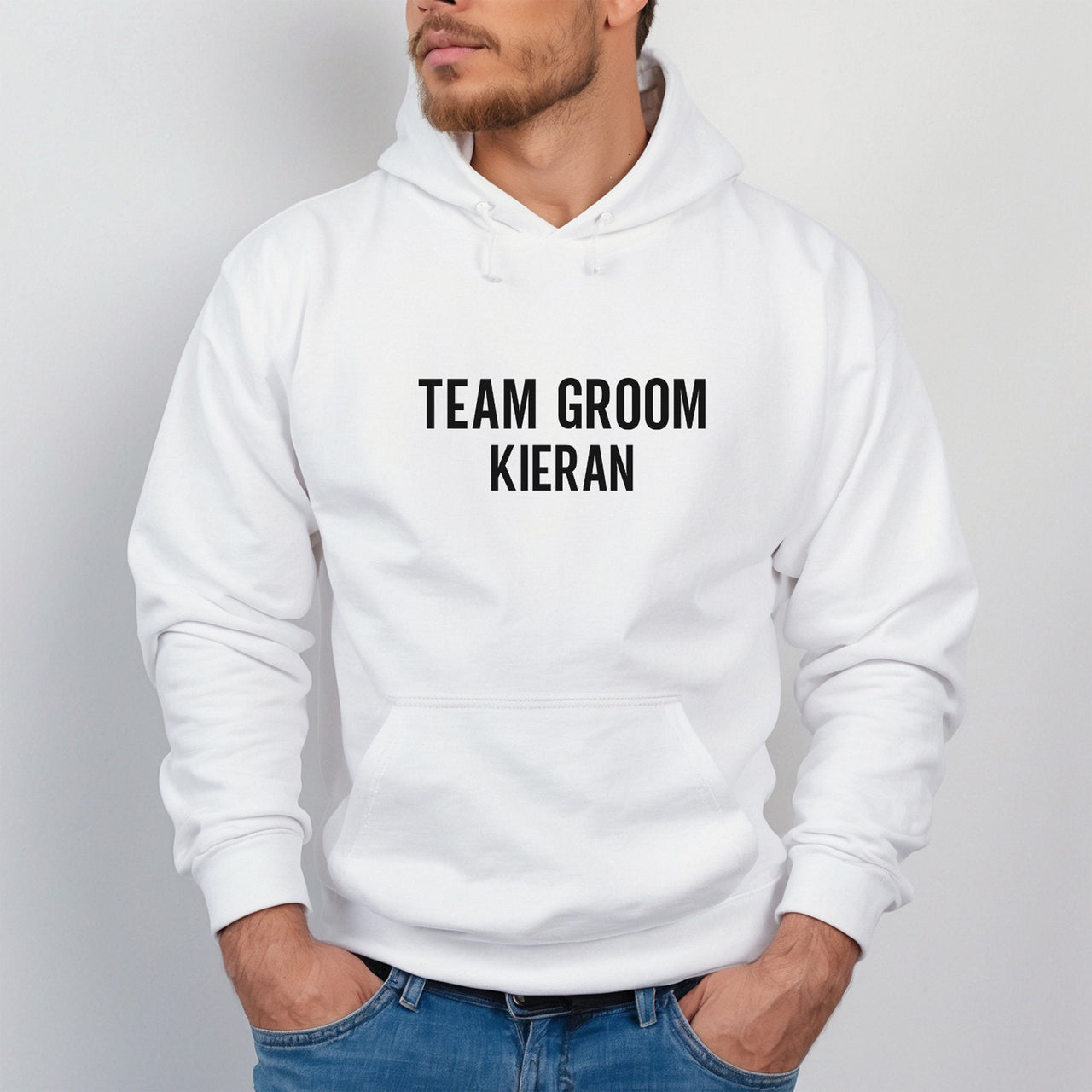 Team Groom Name Iron-On Transfer - Personalised Stag Party Design shown on a hoodie