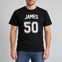 Black T-shirt with the Team Style Name and Age design printed on the chest