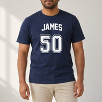 Navy T-shirt with the Team Style Name and Age design printed on the chest