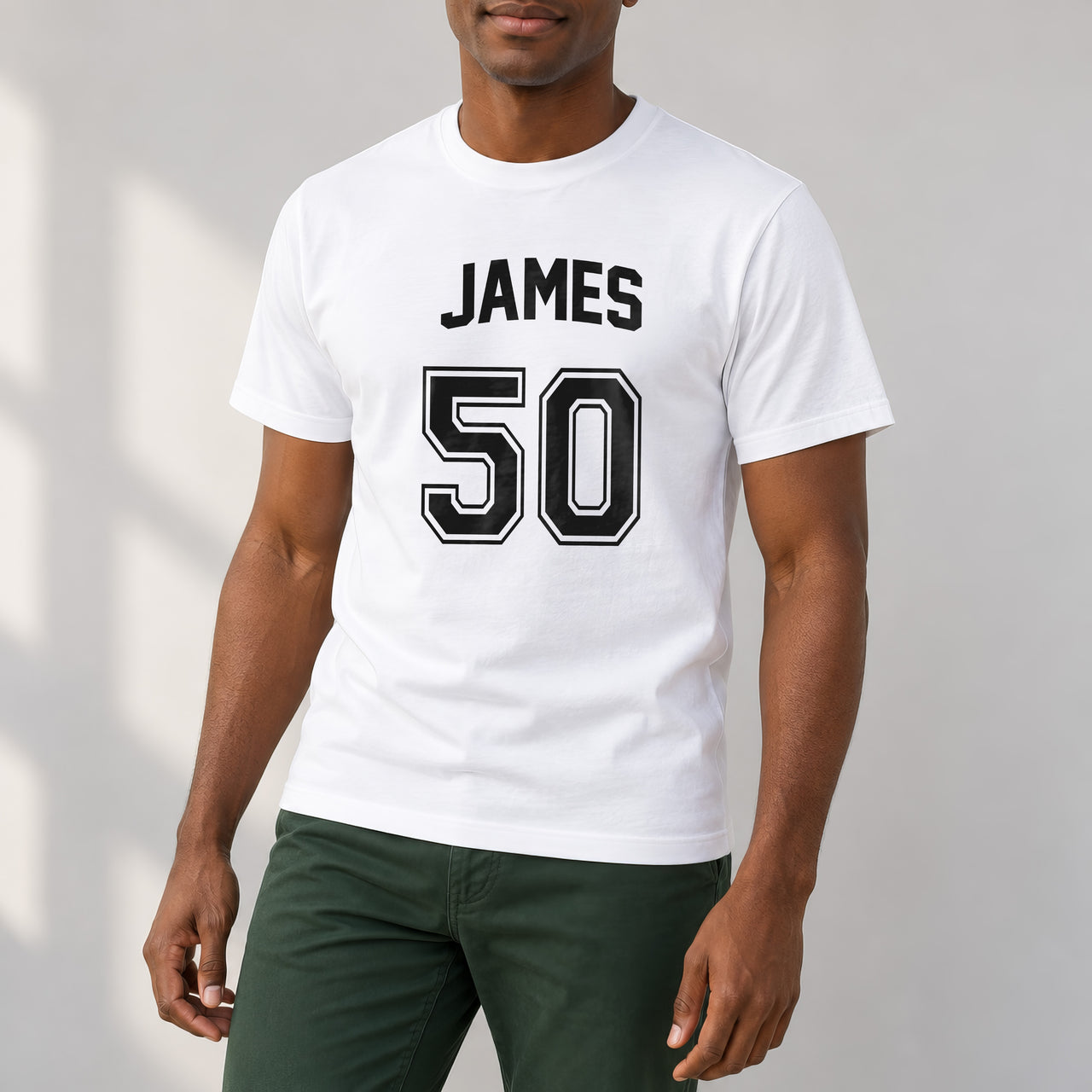 White T-shirt with the Team Style Name and Age design printed on the chest