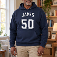 Navy hoodie with the Team Style Name and Age design printed on the chest